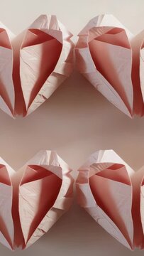 Vertical video: Camera zooming, four pale origami hearts filling off-white frame, showing creases