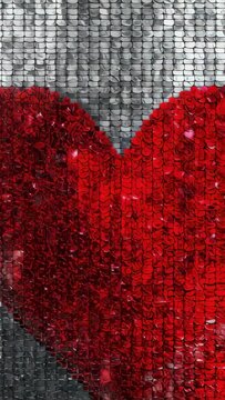 Vertical video: Shifting big red sequin heart at panel, with reversible sequins flipping