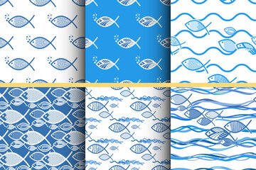 Scandinavian folk style fish  seamless pattern, ocean, sea waves set, marine theme for decoration wallpaper, banner, wrapping paper, seafood, restaurant	