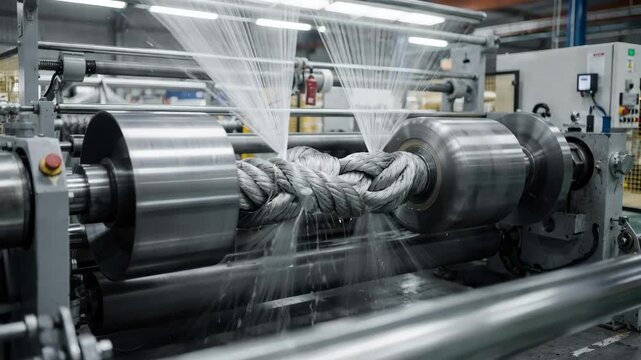 Medium shot capturing highspeed operation of strand twisting machine emphasizing rapid spindle motion and dynamic rope twisting process in an industrial setting.