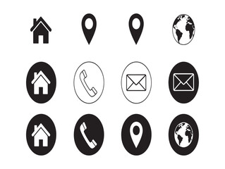 Collection of hand drawn black and white icons representing location home contact and communication