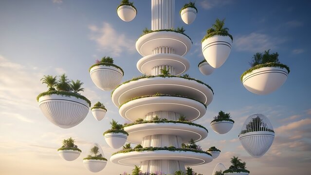 Vertical Garden City Tower with Floating Pods and Lush Greenery