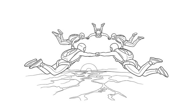 Team skydiving formation in linear drawing over sunset landscape