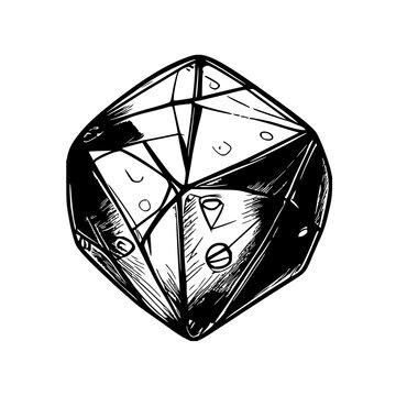 Classic D&D 20-sided polyhedral die in black line art on white background, detailed geometric illustration for gaming, tabletop, fantasy design
