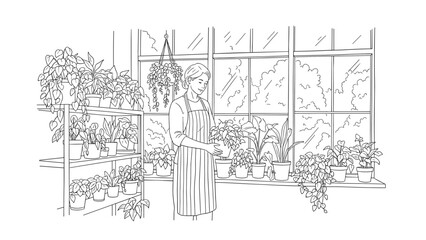 Obraz premium Peaceful greenhouse: woman tending to indoor plants in a sunlit urban sanctuary