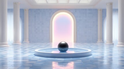 Luminous archway illuminates a dark sphere resting in a shallow basin within a classical hall