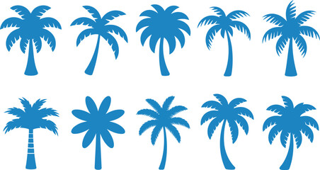Obraz premium Ten distinct blue palm tree silhouettes are displayed on a clean white background