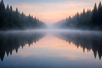 Fototapeta premium Misty lake reflection at sunrise with pine trees
