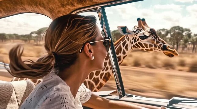 Woman enjoying a safari drive while a curious giraffe peers through the open car window, capturing adventure travel, wildlife encounter and joyful surprise in a surreal moment.