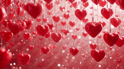 Valentine's Day background image with red hearts hanging from above.