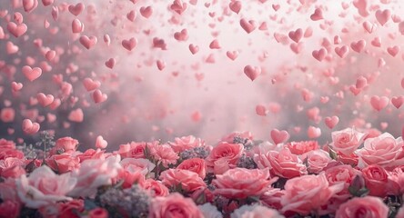 The image shows pink hearts falling from a height like rain, with pink roses and other flowers scattered below. The background is blurred.