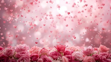 The image shows pink hearts falling from a height like rain, with pink roses and other flowers scattered below. The background is blurred.