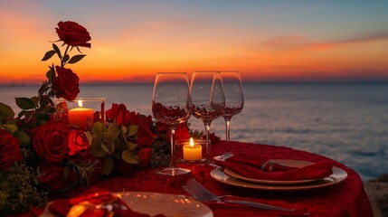 A photograph of a romantic dinner table for a couple, decorated in a red theme. It includes wine glasses, roses, candlelight, plates, and cutlery, all in a romantic seaside sunset setting.