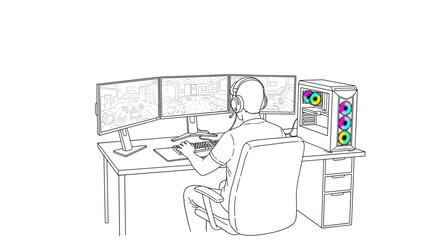 Gamer with headset at multi-screen setup in linear style