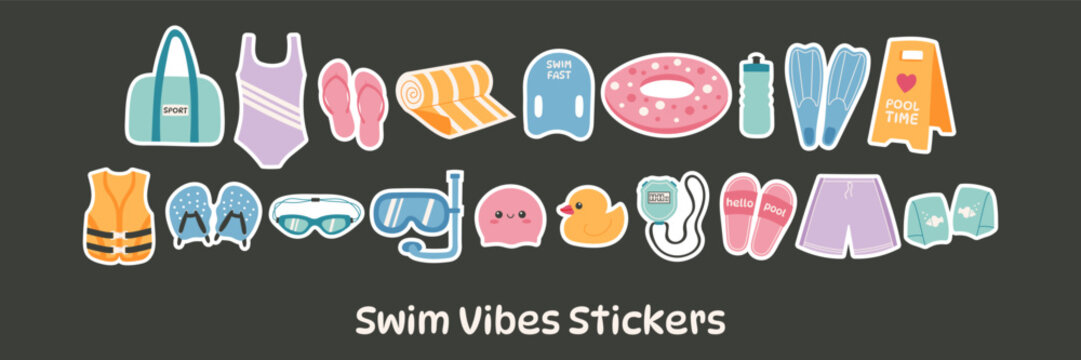 Cute swim stickers set with pool accessories and summer items. Cartoon swimwear, goggles, fins, float ring and rubber duck illustrated in flat style