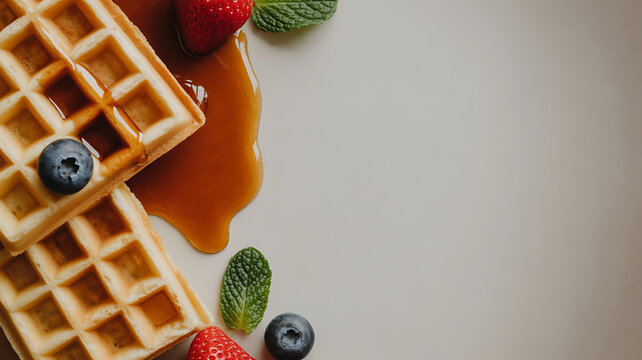 Golden waffles topped with fresh berries, mint leaves, and drizzled syrup on a light surface