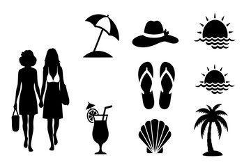 Set of Summer Beach Vacation Icons. Black Vector Silhouettes Collection for Travel Design.