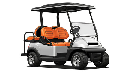 Silver golf cart with orange seats and black roof on white background vehicle transportation