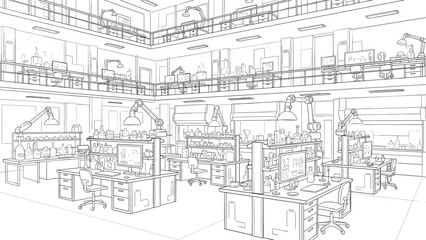 Busy office workspace in linear style with computers and desks in a modern multi-level interior