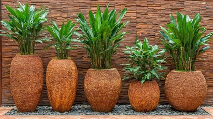 Five potted tropical foliage plants sit in textured earth-toned containers against a stacked stone backdrop