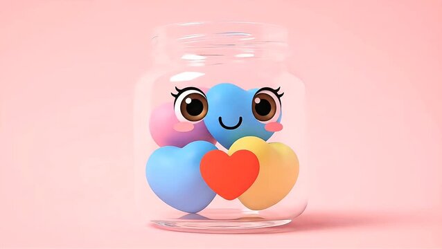 Conceptual 3D illustration of a clear glass jar filled with delightful, smiling heart characters, embodying joy, affection, and sweet sentiments on a soft pink background