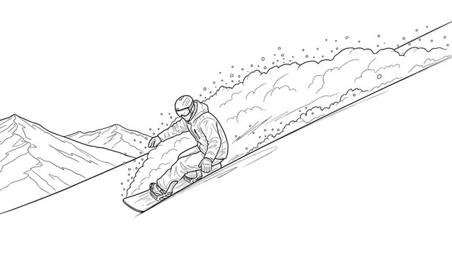 Dynamic snowboarder carving down a snowy mountain in outline style