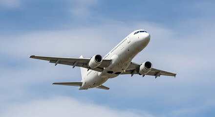 Fototapeta premium White airplane ascending into a bright blue sky with scattered clouds aircraft travel