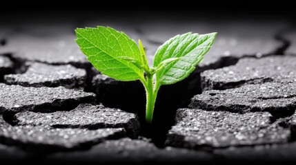 Vibrant green sprout emerges forcefully through dark cracked ground surface