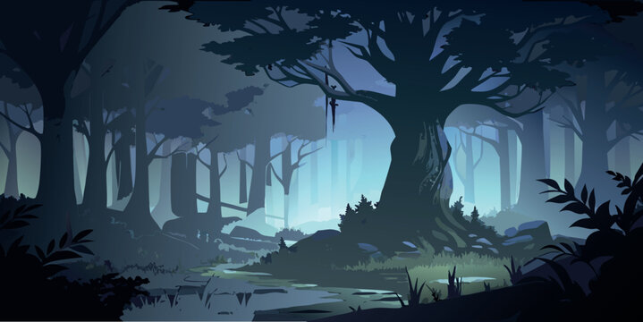 Atmospheric Mystical Forest at Night with Ancient Tree and Foggy Background - Flat Vector Illustration