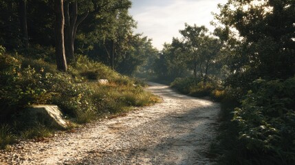Fototapeta premium Winding dirt path through a lush forest bathed in soft sunlight. Natures beauty and tranquility, perfect for outdoor, adventure, and travel concepts.