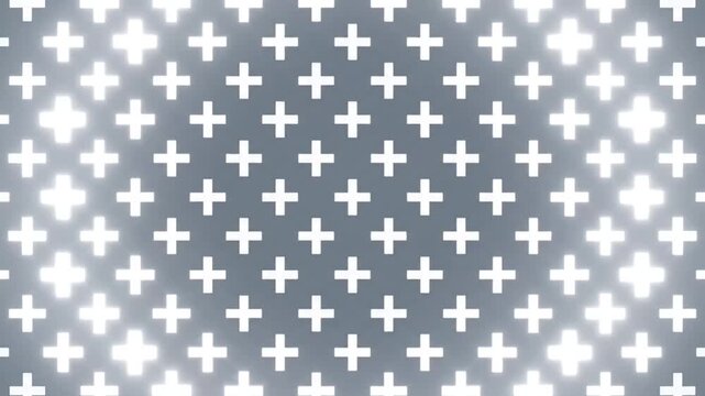 Abstract seamless loop of bright white plus signs on a gradient grey background, creating a mesmerizing, pulsating pattern.