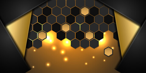 Black and Gold Hexagon Abstract Background with Glowing Lights
