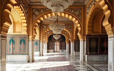 Obraz premium Grand Ornate Mughal Durbar Hall with Golden Archways, Floral Carvings, Jewel Toned Tapestries, Marble Jali Screens and Imperial Indian Royal Splendor