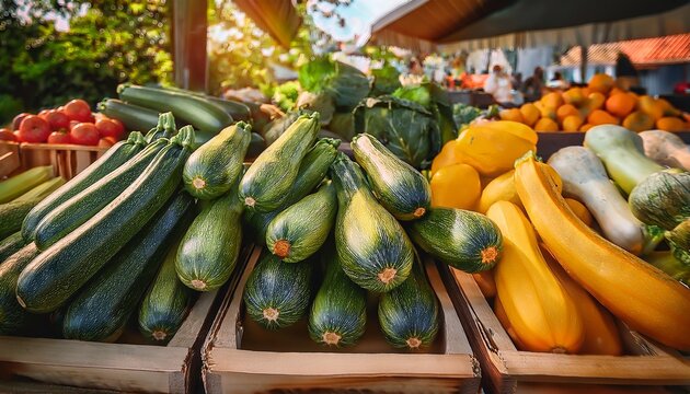 fresh zucchini and organic produce displayed at a local market showcasing vibrant vegetables during a sunny afternoon in the community