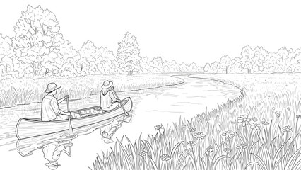 Fototapeta premium Tranquil canoe ride through lush river landscape in detailed line art