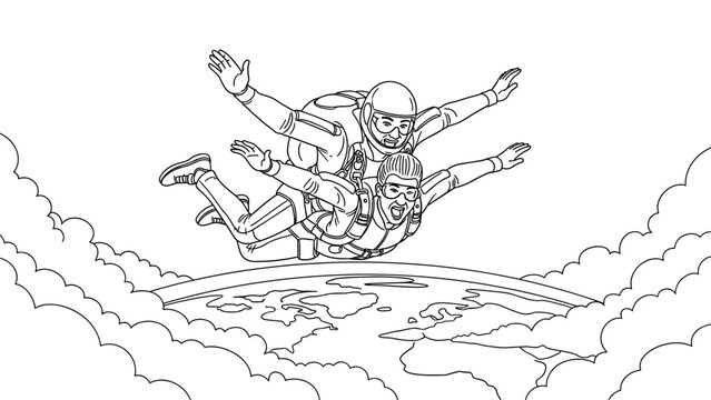Exciting skydiving adventure: line art of tandem jump over earth