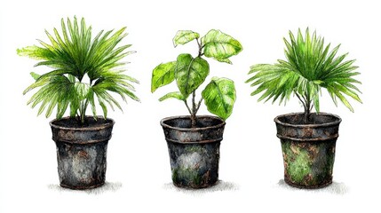 Three potted green house plants displayed in rustic containers against a white background