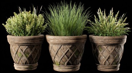 Three ornamental planters featuring various types of tall grasses and greenery stand isolated against a dark backdrop.