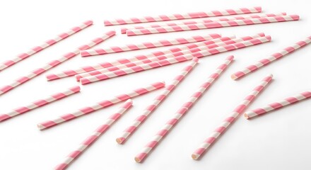 Obraz premium Pink and white striped drinking straws scattered on a white surface.
