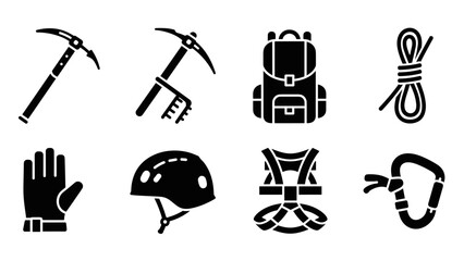 Fototapeta premium Essential icon set for mountaineering gear and safety equipment