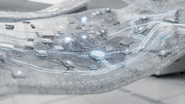 Medium shot revealing RFIDenabled smart fabric in motion embedded sensors beneath protective layers facilitating seamless wireless communication and data transfer.