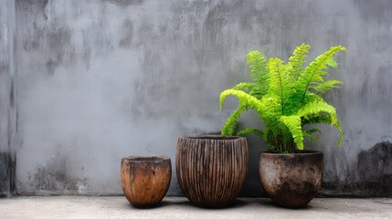 Three wooden planters with a vibrant green fern set against a weathered gray wall