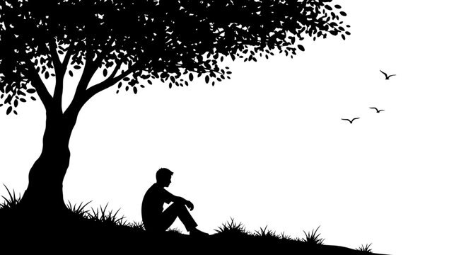 Silhouette of a man sitting under a tree with birds flying in the sky Vector