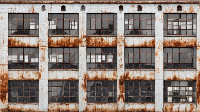 Weathered industrial building facade displays rows of multi-paned, grimy windows with significant rust staining.