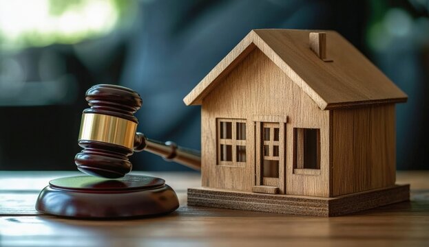 A wooden house model next to a gavel symbolizes real estate law, justice, and property ownership in a professional setting.