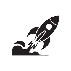 Obraz premium Startup Innovation Silhouette Vector Illustration of Rocket Launch, Business Growth and Success Concept, Minimal Flat Black Icon on White Background