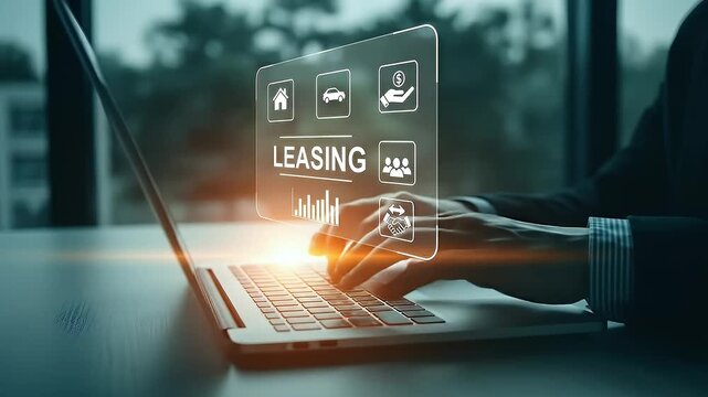 Businessman using digital leasing platform for car and property rental contract, online finance management, financial agreement, asset leasing, and modern investment service concept
