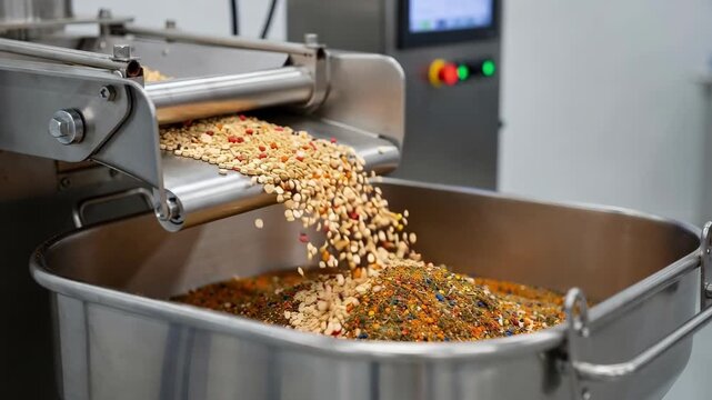 Medium shot capturing a vibratory feeder system gently distributing vitamins and spices into mixing equipment highlighting smooth and controlled microdosing.