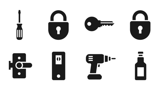 Silhouette icons of tools and everyday items for home and security