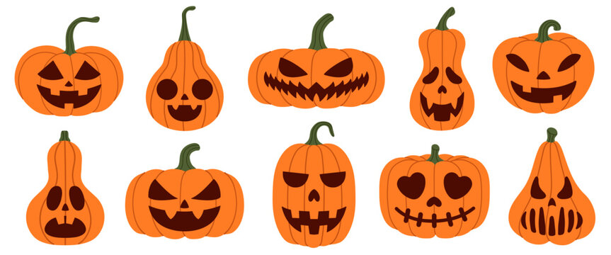 Flat vector set of spooky carved pumpkins in different shapes with scary and funny faces. For Halloween, invitations, autumn, party, decoration, holiday design. Hand-drawn style collection. Isolated.